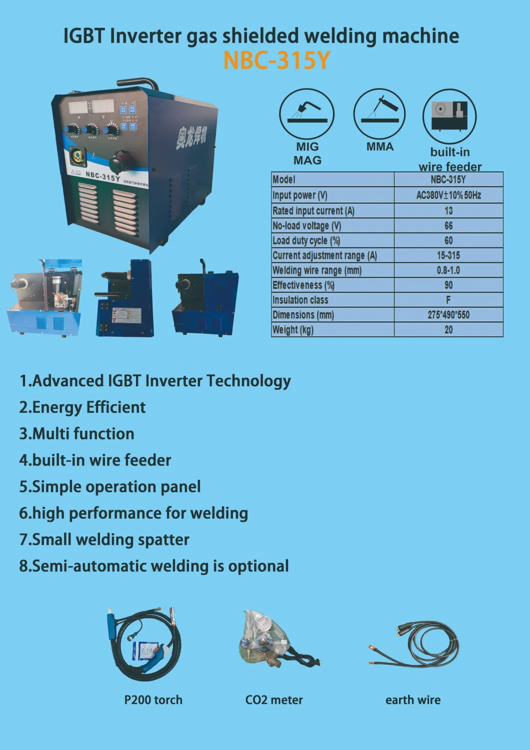 Built in Wire Feeder CO2 Gas Protection 3pH-380V MIG/Mag Inverter Welding Machine